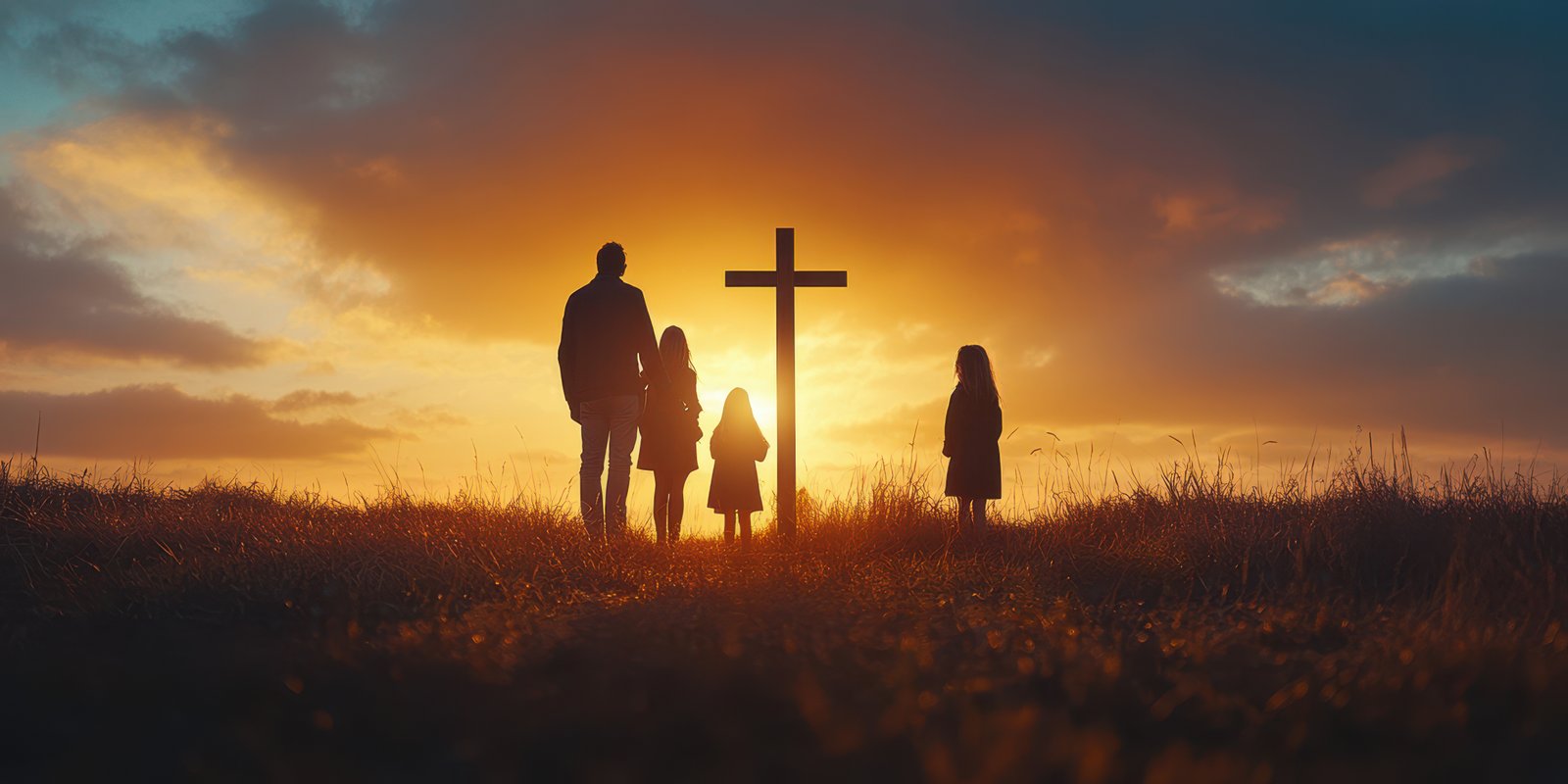 Family silhouette at sunset near a cross, symbolizing faith and togetherness in a serene landscape
